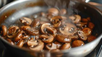 ai généré grésillant champignons cuisine dans une casserole, libération sarriette arômes, ai généré photo