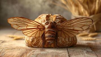 ai généré unique pain pain ressembler un mouche repos sur une en bois tableau, ai généré photo
