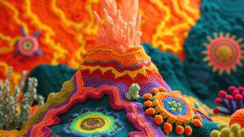 ai généré crocheté volcan jouet vibrant toile de fond, fabriqués à la main et adorable, ai généré photo