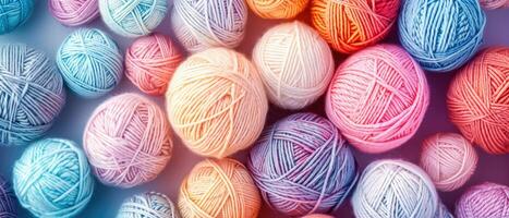 ai généré une captivant abstrait toile de fond avec multicolore fil des balles, création une chaud et attrayant sur le thème du tricot Contexte avec pastel doux couleurs, ai généré. photo