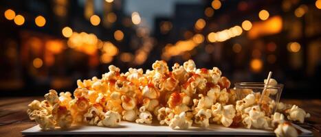 ai généré pop corn talent artistique contre doucement flou bokeh lumières, une visuel festin, ai généré. photo