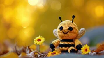 ai généré crocheté abeille jouet vibrant toile de fond, fabriqués à la main et adorable, ai généré photo