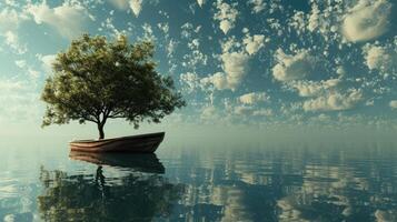 ai généré expérience le capricieux vue de une bateau flottant avec une arbre à bord, mélange la nature et aventure. ai généré. photo