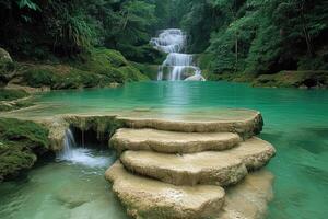 ai généré merveille à le majesté de une cascade en cascade plus de luxuriant, couvert de mousse rochers, une la nature chef-d'œuvre. ai généré. photo