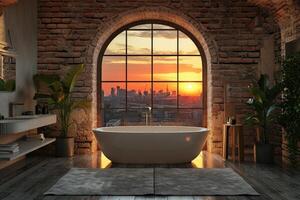 ai généré une moderne salle de bains avec un arqué fenêtre, offre une Stupéfiant le coucher du soleil vue dans le cœur de le ville. ai généré photo