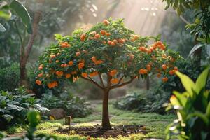 ai généré délice dans le dynamisme de une Papaye arbre, orné avec ses luxuriant, tropical feuilles, une symbole de exotique abondance. ai généré. photo