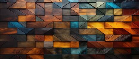 ai généré un abstrait mosaïque tuile mur texture avec marron en bois vitré brillant déco charme et géométrique formes, ai généré. photo