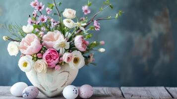 ai généré rempli de fleurs en forme de coeur vase avec œufs, une unique et charmant afficher, ai généré photo