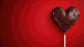 ai généré Chocolat cœur sucette symbolisant sucré l'amour sur une rouge arrière-plan, ai généré photo