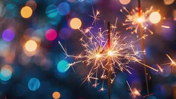 ai généré vif feux d'artifice éclater dans fête, avec cierges magiques embrasé contre une bokeh toile de fond, ai généré photo