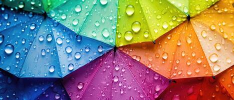 ai généré fermer de une coloré arc en ciel parapluie orné avec beaucoup gouttes de pluie et gouttes d'eau, ai généré. photo