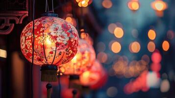 ai généré rouge lanternes jeter une doux briller, valoriser le festivité de le soir, ai généré photo