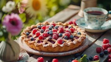 ai généré Frais baie tarte sur une en bois table dans une large été jardin photo