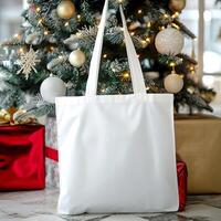 ai généré Noël maquette, plaine blanc fourre-tout sac dans de fête réglage avec Noël arbre photo