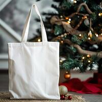 ai généré Noël achats extravagance, fourre-tout sac maquette avec de fête arbre photo