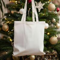 ai généré Noël maquette, plaine blanc fourre-tout sac dans de fête réglage avec Noël arbre photo