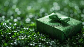 ai généré vert luxe cadeau boîte avec une brillant arc sur une trèfle Contexte photo
