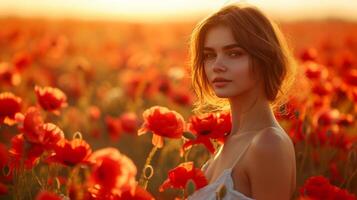 ai généré joie danses dans sa yeux comme elle pose au milieu de une mer de vibrant coquelicots photo