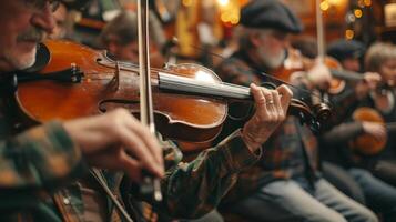 ai généré captivant coups de les musiciens en jouant traditionnel irlandais la musique dans pubs photo