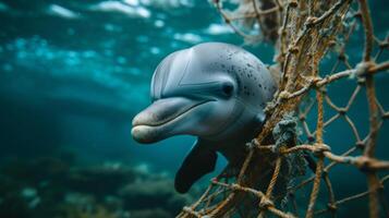 ai généré une dauphin pris dans une pêche net grand fond zone, décentré composition photo