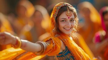 ai généré dynamique photographies de danseurs performant énergique et animé traditionnel Indien danses pendant Holi célébrations photo