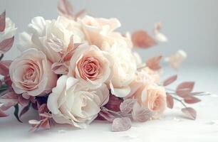 ai généré ancien bouquet de blanc des roses et papier fleurs sur blanc Contexte photo