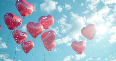 ai généré nombreuses cœur en forme de des ballons en volant dans le ciel photo