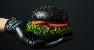 ai généré main en portant noir vinyle gants avec une noir Hamburger photo