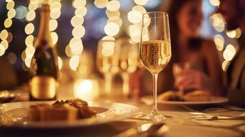 ai généré une romantique dîner réglage avec une couple partage une bouteille de pétillant Champagne photo