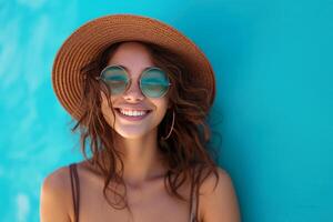 ai généré souriant femme dans lunettes de soleil et chapeau femmes photo