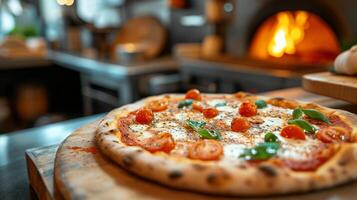 ai généré une charmant italien trattoria portion croûte mince napolitain pizzas tout droit de le au feu de bois four photo