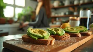 ai généré lisse comptoirs hôte Avocat toasts et gourmet café photo