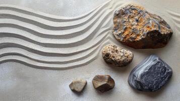 ai généré clairsemé coups de pinceau représenter rochers et sable, évoquant le tranquillité de une Japonais jardin photo