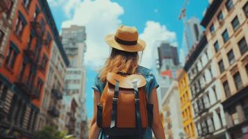 ai généré excité explorateurs errer vibrant ville des rues, découvrir caché gemmes et iconique Repères photo