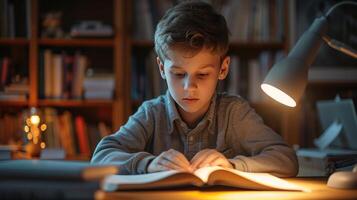 ai généré une diligent écolier absorbé dans le sien manuels scolaires, illuminé par le doux lueur de une bureau lampe photo