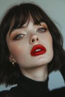 ai généré une Jeune femme portant rouge à lèvres et maquillage photo