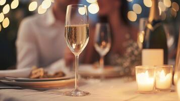 ai généré une romantique dîner réglage avec une couple partage une bouteille de pétillant Champagne photo