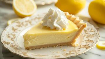 ai généré une tranche de limonade tarte, une sucré et acidulé dessert surmonté avec fouetté crème, servi sur une ancien assiette photo