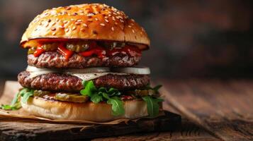 ai généré une copieux autobus à impériale Burger avec deux juteux galettes, cornichons, oignons, et une spécial sauce photo