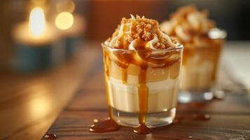 ai généré une succulent caramel au beurre pudding servi dans une verre, bruine avec caramel sauce photo