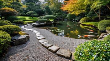 ai généré une Japonais thé jardin avec à la perfection ratissé gravier chemins et une serein koi étang photo