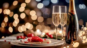 ai généré une romantique dîner réglage avec une couple partage une bouteille de pétillant Champagne photo