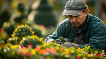 ai généré une main verte horticulteur artisanat un complexe art topiaire chef-d'oeuvre dans une formel jardin photo