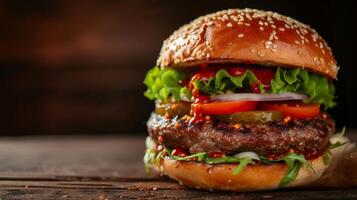 ai généré une copieux autobus à impériale Burger avec deux juteux galettes, cornichons, oignons, et une spécial sauce photo