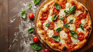 ai généré une traditionnel margherita Pizza avec une boursouflé croûte, tomates, basilic, et mozzarella photo