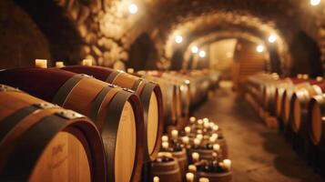 ai généré un élégant du vin cave, doublé avec chêne barils et vieillissement bouteilles, allumé par doux aux chandelles photo