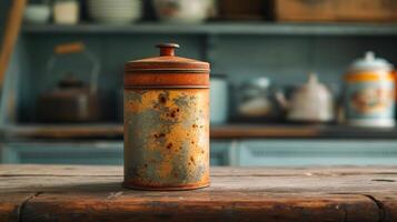 ai généré une ancien thé étain, bien usé et plein de personnage, séance sur une cuisine étagère photo