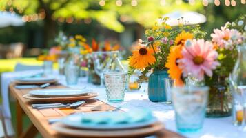 ai généré une pittoresque jardin fête avec coloré table paramètres, fleurs, et Fée lumières photo