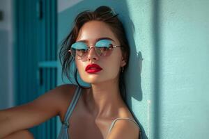 ai généré une fille séance dans des lunettes de soleil avec rouge à lèvres photo