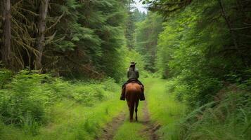 ai généré une cavalier jouit une serein Piste balade au milieu de luxuriant, boisé alentours photo